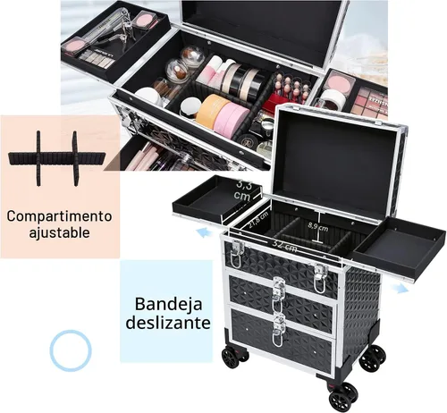 Miniatura 3 de FRENESSA Estuche Profesional Rodante para Maquillaje de Aluminio con Carrito de Tren y Ruedas para Organizador de Cosméticos de Viaje con Cajones