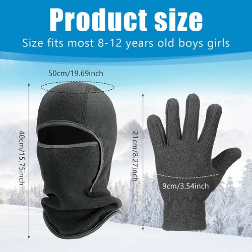 Miniatura 9 de Juego de 4 pasamontañas para niños, máscara de esquí y guantes de forro polar, gorro de invierno, máscara facial cálida para niños y niñas de 8 a 12