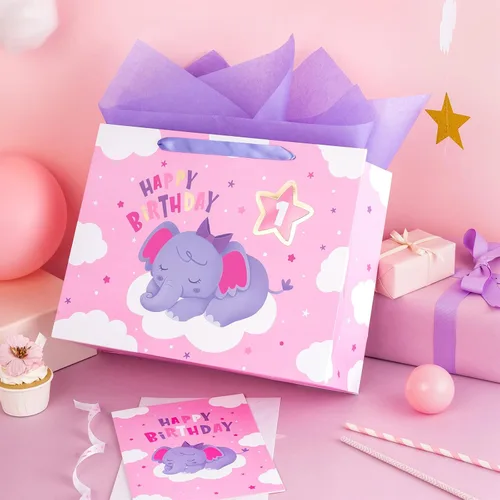 Miniatura 6 de WRAPAHOLIC Bolsa de regalo grande de 13 pulgadas con tarjeta y papel de seda, adorable bolsa de regalo de elefante para bebé, baby shower, fiesta