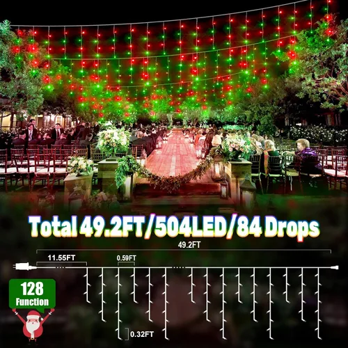 Miniatura 2 de Luces de carámbano de Navidad de 49 pies, 128 funciones, para exteriores, con 504 LED, 8 modos y temporizador, cortina de luces para exteriores