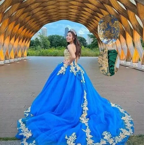 Miniatura 2 de XYAYE Vestido de quinceañera de tul brillante para mujer, vestido de fiesta con flores en 3D, vestidos sin tirantes de encaje dorado dulce 15 16