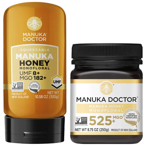 MANUKA DOCTOR - Paquete monofloral de miel de Manuka UMF8/MGO 182+ SQUEEZY y MGO 525+, miel de Nueva Zelanda 100% pura. Certificado. Garantizado.