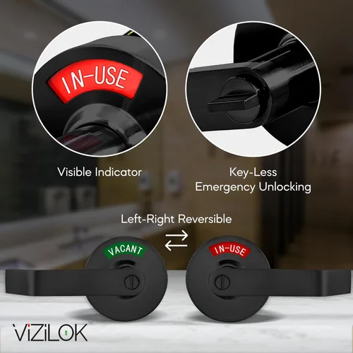Miniatura 3 de VIZILOK Cerradura de puerta comercial para privacidad del baño, indicador ocupado vacante de alta resistencia en negro mate, grado ANSi 2, perfecto