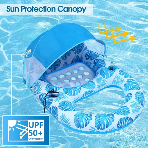 Miniatura 2 de COOLCOOLDEE Flotador de Piscina con Toldo UPF50+, Flotadores de Piscina Extra Grandes para Adultos de Alta Resistencia, Flotador Inflable