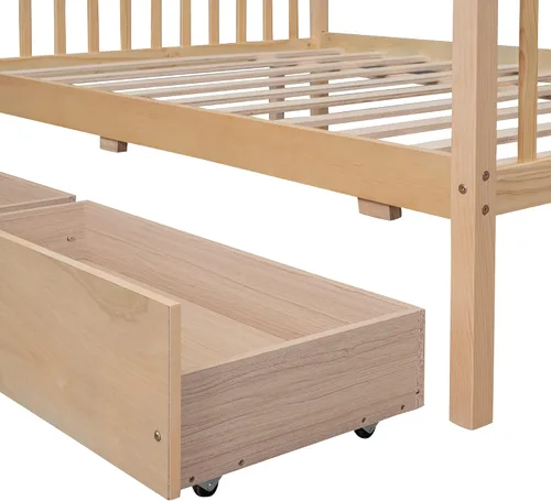 Miniatura 6 de Bellemave Cama de casa de tamaño matrimonial para niños, marco de plataforma Montessori con 2 cajones, cabecera y estribo, almacenamiento de madera