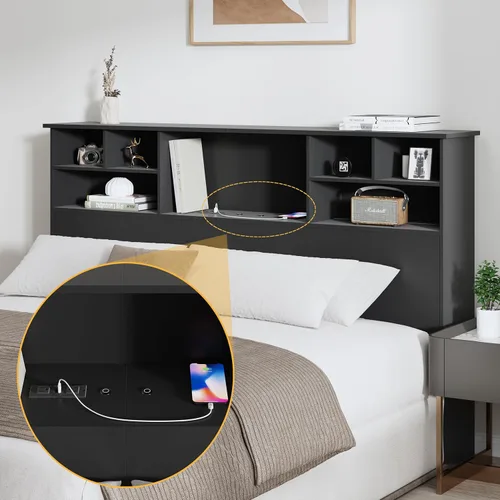 Miniatura 7 de Cabecero Queen/Full Solo para Dormitorio, Elegante Cabecero con Estantería con Estación de Carga y 2 Luces LED, Cabeceros de Madera Procesada