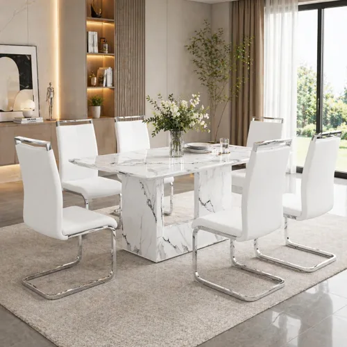 Miniatura 20 de Conjunto de mesa de comedor MUUOKY para 4, mesa de cocina de 63'' y sillas para 4, conjunto de mesa gris y 4 sillas modernas, adecuado para comedor