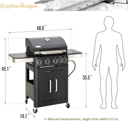 Miniatura 6 de Captiva Designs Parrilla de barbacoa de gas propano de 4 quemadores con quemador lateral y rejillas de hierro fundido esmaltado de porcelana, salida