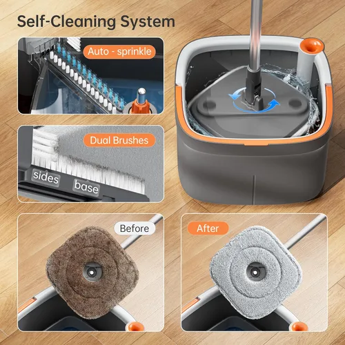 Miniatura 3 de Juego de trapeador giratorio y cubeta con 2 almohadillas de trapeador de microfibra reemplazables con sistema de separación automática de agua sucia