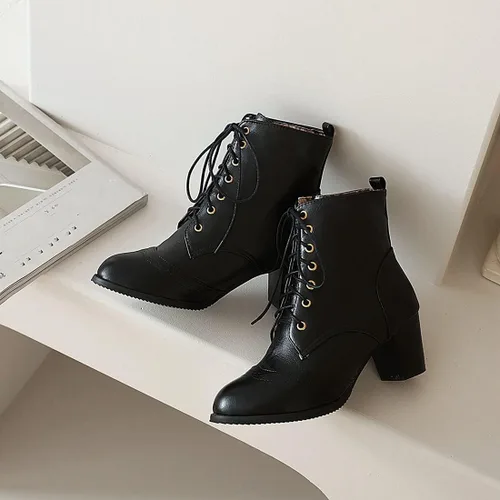 Miniatura 3 de VOKLIN Botines de tacón medio grueso para mujer, con puntera redonda, con cordones, estilo Oxford occidental, con cordones