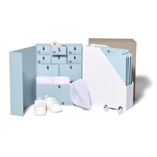 Savor I Baby Deluxe Box | Organizador de recuerdos y recuerdos para recién nacidos sin ácidos con 52 etiquetas, 9 cajones, 8 carpetas de archivos |