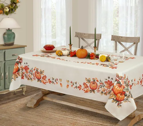 Lintex Mantel de tela de cosecha de otoño de Thanksgiving Traditions, cuadrado de 52 x 52 pulgadas, parche de calabaza y borde de hojas de otoño,