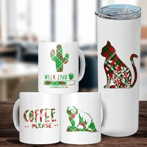 Miniatura 4 de Hojas de transferencia, 10 unidades de 12 x 4.5 pulgadas, papel de sublimación a cuadros de Navidad pre-ed para prensa de tazas, posavasos, bolsa