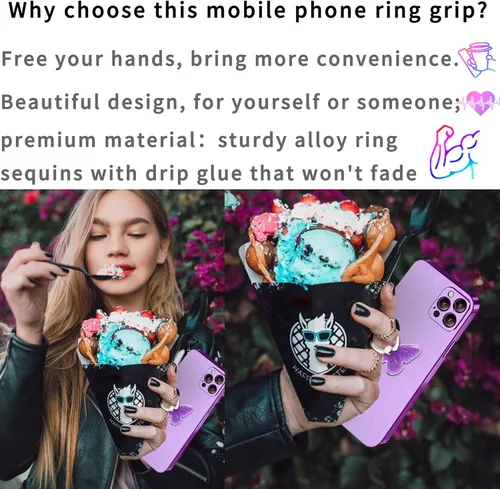 Miniatura 2 de TACOMEGE Soporte para teléfono con purpurina brillante, diseño de mariposa, color morado para mujeres y niñas, compatible con smartphone, tableta