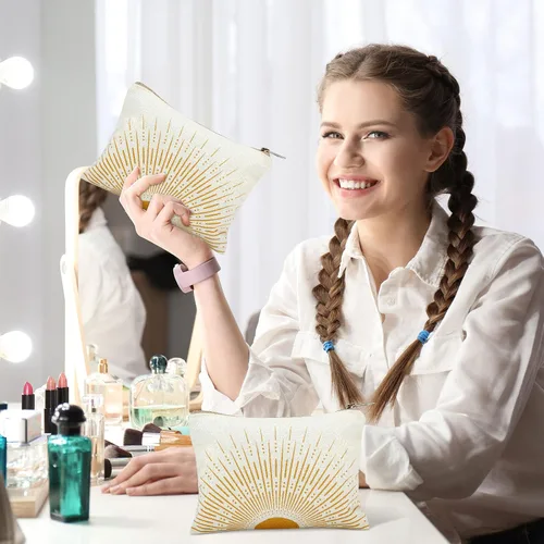 Miniatura 4 de Pinkunn 10 bolsas de maquillaje Sunshine Ray, bolsa de lino natural con cremallera, regalo bohemio, bolsa de cosméticos, organizador de accesorios