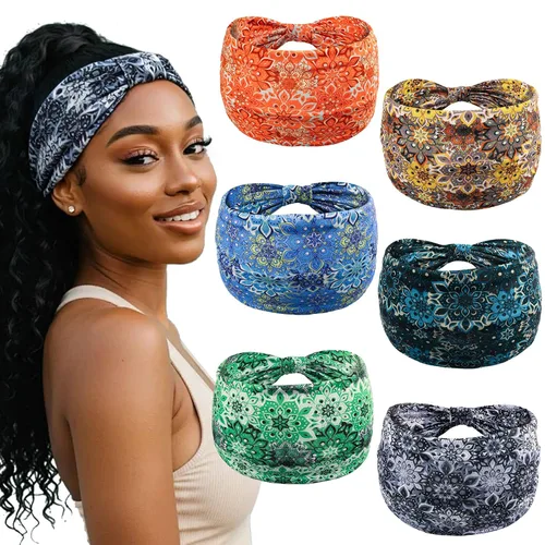 Miniatura 18 de Yeshan Diademas bohemias bandeau para mujeres, diadema ancha tipo bandana con nudo, pañuelo para el cabello con estampado floral, bandas africanas
