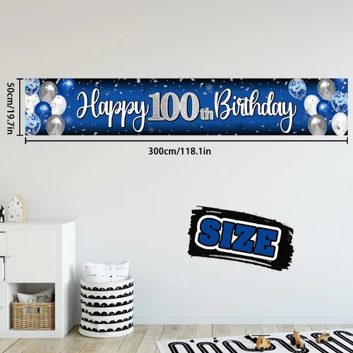 Miniatura 2 de Decoración de feliz cumpleaños número 100, globo azul y plateado número 100, cartel grande de telón de fondo de cumpleaños, suministros para fiesta