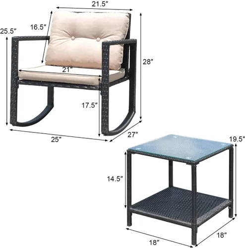 Miniatura 3 de DORTALA Juego de muebles de patio de 3 piezas, mecedora de ratán y mesa de centro de cristal con cojines, juego de 3 muebles de mimbre