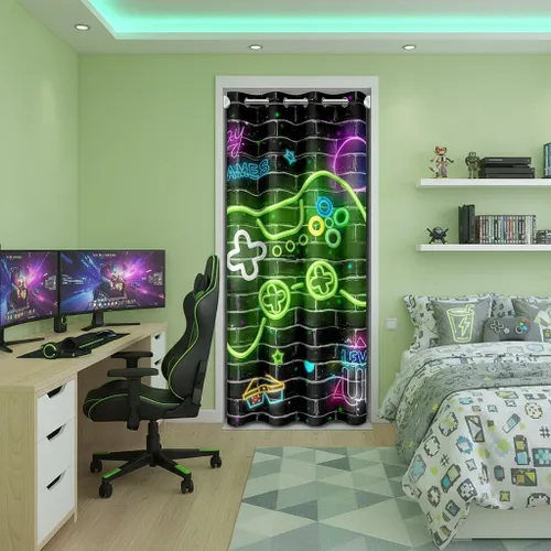 Miniatura 22 de Castle Fairy Cortina de puerta con estampado de consola de videojuegos de dibujos animados para privacidad de puerta, cortina geométrica de panal