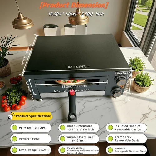 Miniatura 9 de Horno eléctrico para pizza en interiores, máquina de pizza de encimera de 12 pulgadas con ventana de visión, horno de pizza comercial de acero Negro