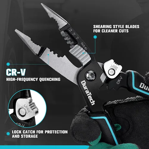Miniatura 4 de DURATECH Pelacables 5 en 1, pelacables de 8 pulgadas y herramienta de prensado, construcción CR-V premium, alicates de punta de aguja, alicates