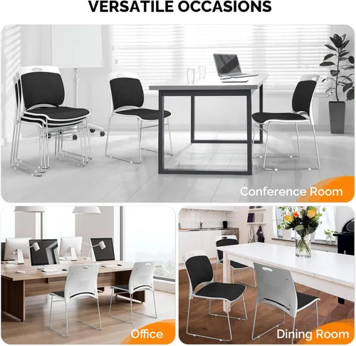 Miniatura 7 de VINGLI Juego de 4 sillas apilables de oficina con base de trineo de metal, asiento y respaldo ergonómicos acolchados de plástico, capacidad de 350