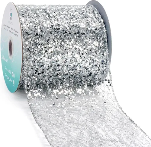 Miniatura 15 de Cinta con alambre de malla brillante con purpurina de 6 x 10 yardas, color negro para decoración del hogar, lazo para envolver regalos