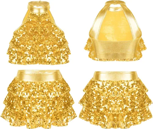 Miniatura 26 de JEATHA Top corto con borlas y lentejuelas brillantes para niñas, con minifalda, jazz latino, salsa, samba, rumba, baile
