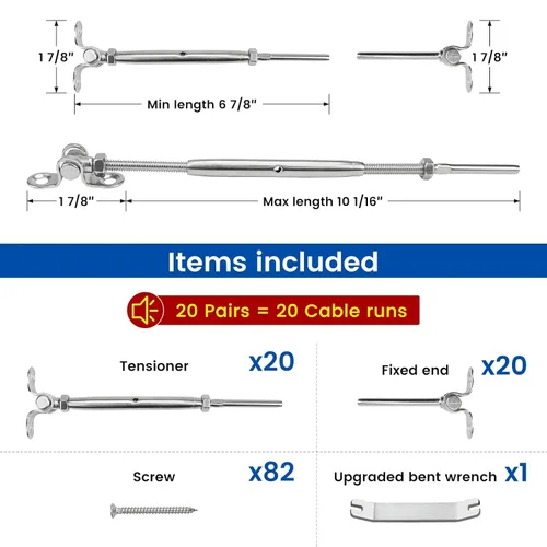 Miniatura 2 de Muzata 20 pares de barandillas de cable de 1/8 pulgadas, kit de tornillos, tensor de palanca para poste de madera, acero inoxidable T316, sistema