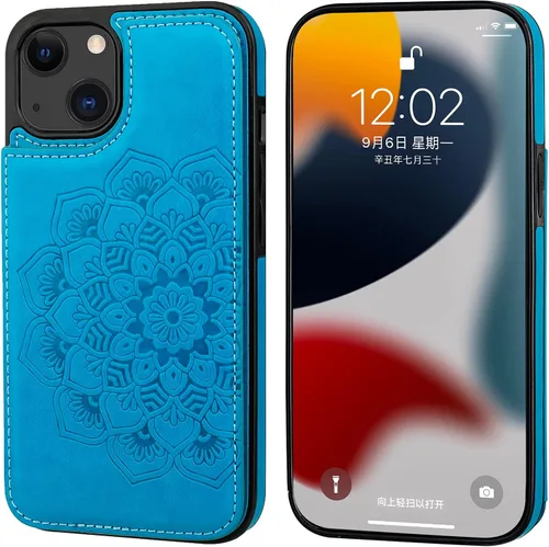 Miniatura 3 de Vaburs Funda compatible con iPhone 13 con tarjetero y diseño de mandala en relieve, de piel sintética, doble botones, a prueba de golpes, para Azul