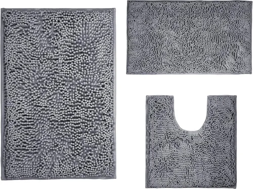 Miniatura 26 de LanYunUmi Juego de 2 alfombras de baño de felpilla chenille antideslizante color gris oscuro, tapete de baño extra suave y absorbente para ducha
