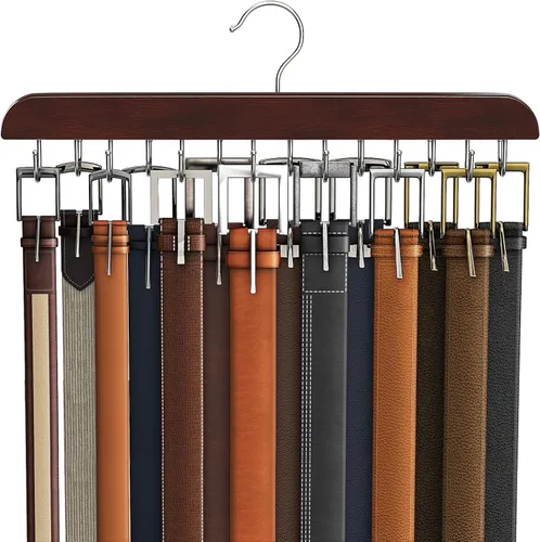 Miniatura 9 de Percha de cinturón para armario Max 42 cinturones, accesorios de armario de madera resistente con 14 ganchos, organizador de cinturón