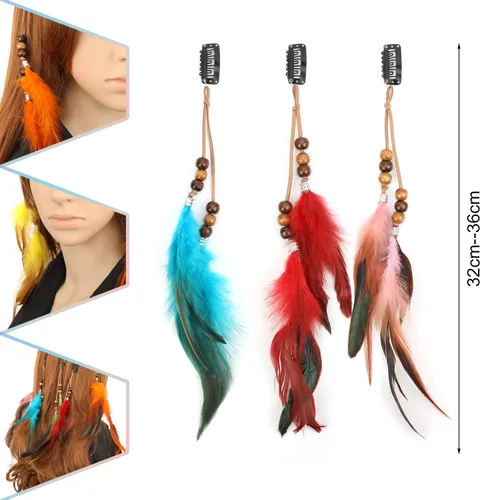 Miniatura 2 de MWOOT 6 pinzas para el pelo de plumas, extensiones de cabello bohemias hechas a mano con peine de clip, horquilla hippie bohemia, pluma, cuerda