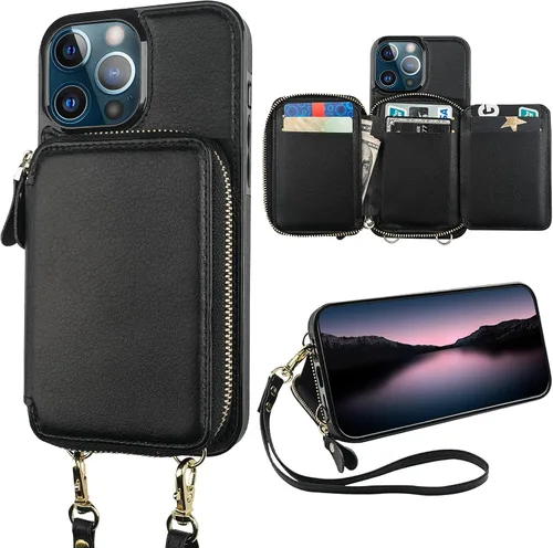 Bocasal Funda tipo cartera con bloqueo RFID para iPhone 13 Pro Max, funda cruzada ajustable con cremallera, tarjetero con función atril y correa de