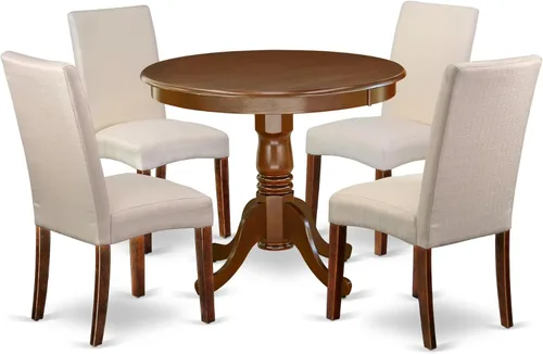 East West Furniture ANDR5-MAH-01 - Juego de mesa y sillas de cocina de 5 piezas, incluye una mesa de comedor redonda con pedestal y 4 sillas de