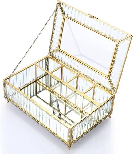 ELLDOO Caja de joyería vintage dorada de cristal con espejo caja de recuerdo con borde floral con tapa de vidrio transparente organizador de joyas