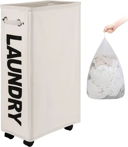 DOKEHOM - Cesta de lavandería delgada ampliada de 29 pulgadas con bolsa de lavado extraíble, ruedas, canasta de ropa sucia plegable, contenedores