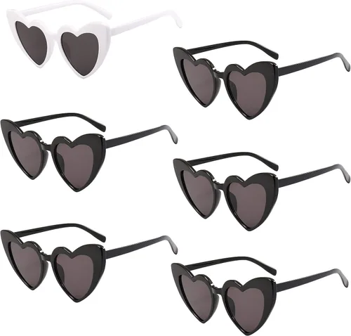 Paquete de 6 lentes de sol vintage con forma de corazón para mujeres y niñas, gafas de sol retro con corazón para despedida de soltera