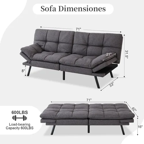 Miniatura 2 de Opoiar Sofá cama plegable de espuma viscoelástica convertible con reposabrazos y respaldos ajustables para espacios pequeños, oficina, estudio