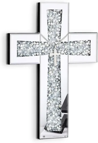 Miniatura 2 de Aeveco Cruz de Pared para Decoración, Cruz Espejo Plateada para Sala de Estar, Cruces de Espejo con Diamantes de Cristal Triturados, Arte Religioso