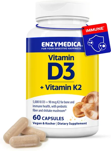 Miniatura 11 de Enzymedica Vitamina D3 K2, 5000 UI Vegan D3 + 90 mcg MK-7, suplemento a base de plantas con hongos shiitake y fibra prebiótica para apoyo óseo e