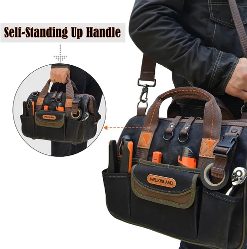 Miniatura 3 de WELKINLAND Bolsa de herramientas de lona de 30 bolsillos, bolsas enceradas de 14 pulgadas de alta resistencia, bolsa de herramientas, electricista