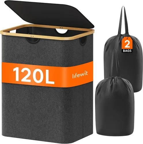 Lifewit Cesta de ropa de 120L con tapa, cestas de ropa para lavandería con asas de bambú y una bolsa de lavandería extraíble, cesta plegable grande