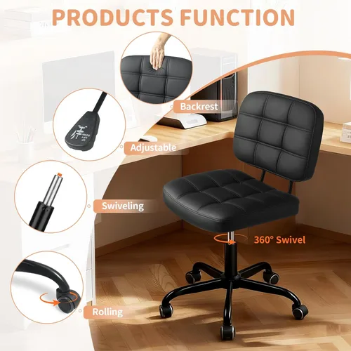 Miniatura 6 de Silla de escritorio de oficina en casa sin brazos – Pequeñas sillas giratorias de escritorio de oficina con ruedas – Silla de computadora de piel
