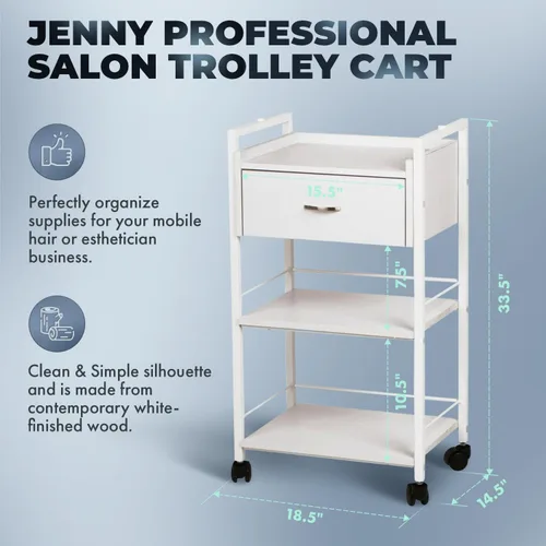 Miniatura 5 de Buy-Rite Jenny Trolley Carrito de 3 niveles para spas, esteticistas y salones, organizador de madera blanca con cajón, estantes abiertos, agujeros