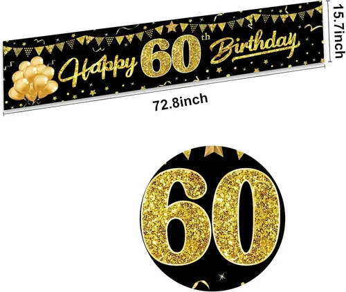 Miniatura 2 de Cartel de feliz cumpleaños 60 para hombres y mujeres, letrero de cumpleaños número 60 negro y dorado, suministros de fiesta para patio, divertida