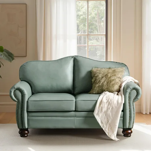 Miniatura 15 de El apoyo que necesitas 152 cm de ancho Sofá Chesterfield de cuero genuino, sofá con brazos enrollados, reborde con clavos para muebles de sala