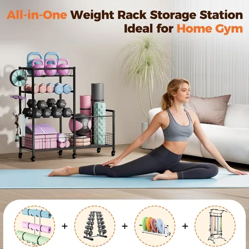 Miniatura 2 de HavenlyYouth Dumbbell Rack, Home Gym Weight Rack Storage, Adjustable Dumbbell Stand Organizer with Wheels, Holds Dumbbells, Kettlebells, Yoga Mats