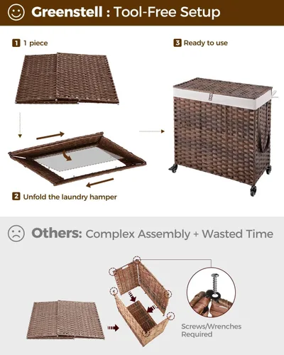 Miniatura 106 de GREENSTELL Cesta para ropa sucia con ruedas y tapa, 130 L, cesta grande de 3 secciones con 2 tipos de bolsas de forro extraíbles, 5 bolsas de malla