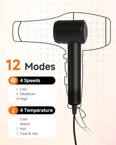 Miniatura 3 de Secador de pelo profesional con difusor para cabello rizado, secador iónico negativo de 1,312.3 ft para secado rápido, motor sin escobillas de alta